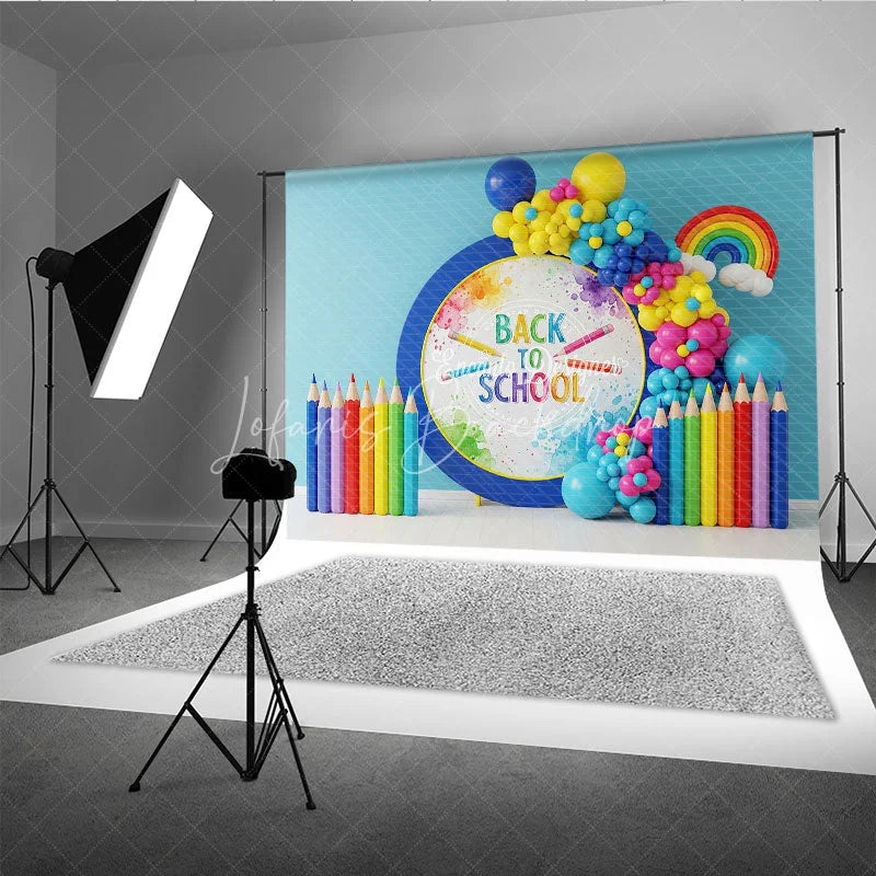 Lofaris Rainbow Back To School Backdrop Colored Pencils Balloon Garland Background Kindergarten Photography Banner