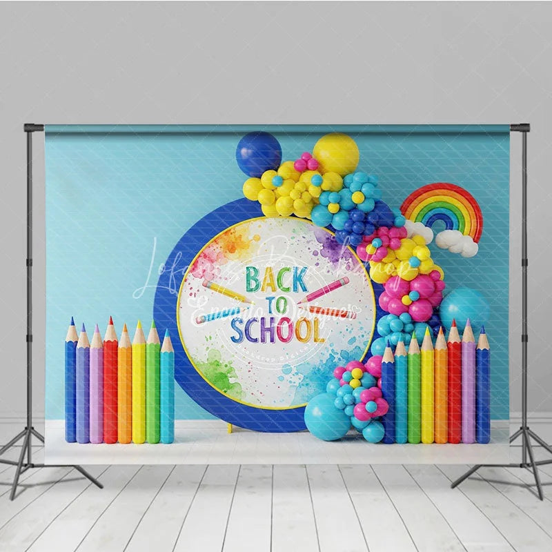 Lofaris Rainbow Back To School Backdrop Colored Pencils Balloon Garland Background Kindergarten Photography Banner