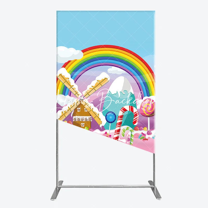 Lofaris Rainbow Candy Land Rectangle Arch Backdrop Whimsical Windmill and Sweet Lollipops Decor