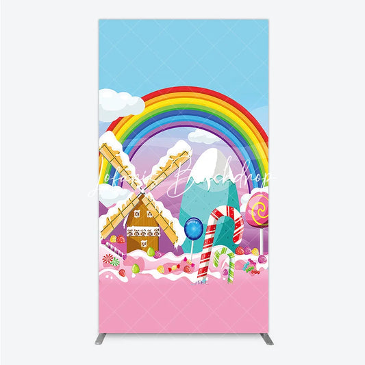 Lofaris Rainbow Candy Land Rectangle Arch Backdrop Whimsical Windmill and Sweet Lollipops Decor