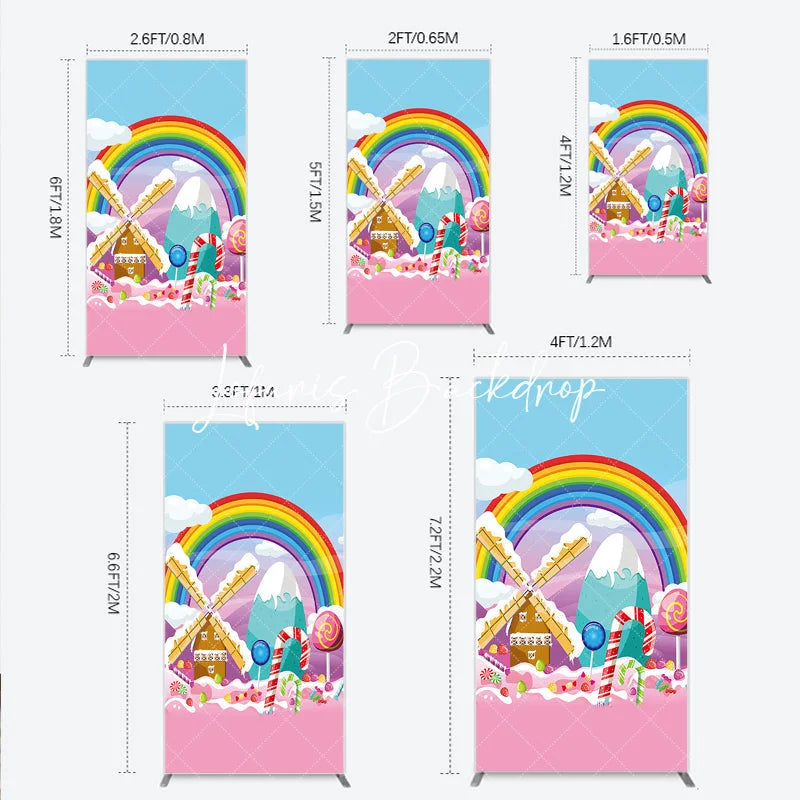 Lofaris Rainbow Candy Land Rectangle Arch Backdrop Whimsical Windmill and Sweet Lollipops Decor