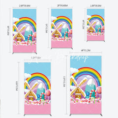 Lofaris Rainbow Candy Land Rectangle Arch Backdrop Whimsical Windmill and Sweet Lollipops Decor