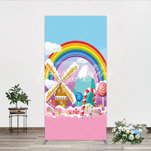 Lofaris Rainbow Candy Land Rectangle Arch Backdrop Whimsical Windmill and Sweet Lollipops Decor