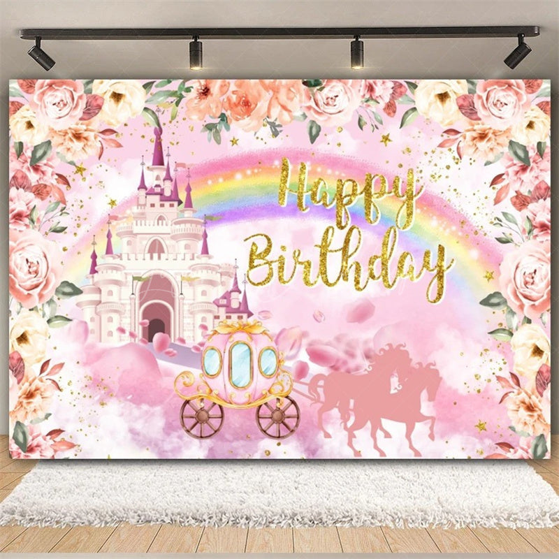 Lofaris Rainbow Castle Happy Birthday Backdrop Colorful Princess Party Decor Banner Fantasy Photo Booth Background for Kids