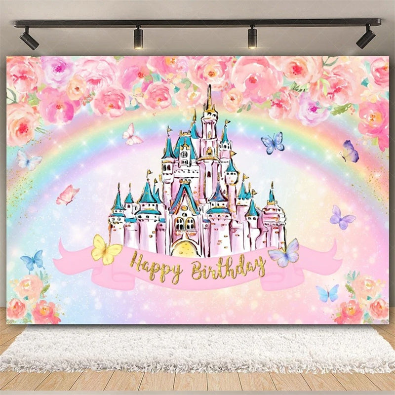 Lofaris Rainbow Castle Happy Birthday Backdrop Colorful Princess Party Decor Banner Fantasy Photo Booth Background for Kids