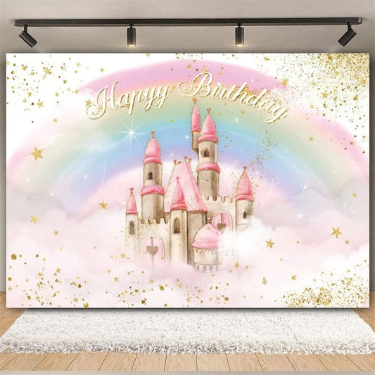 Lofaris Rainbow Castle Happy Birthday Backdrop Colorful Princess Party Decor Banner Fantasy Photo Booth Background for Kids