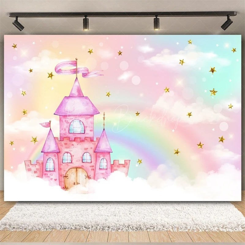 Lofaris Rainbow Castle Happy Birthday Backdrop Colorful Princess Party Decor Banner Fantasy Photo Booth Background for Kids