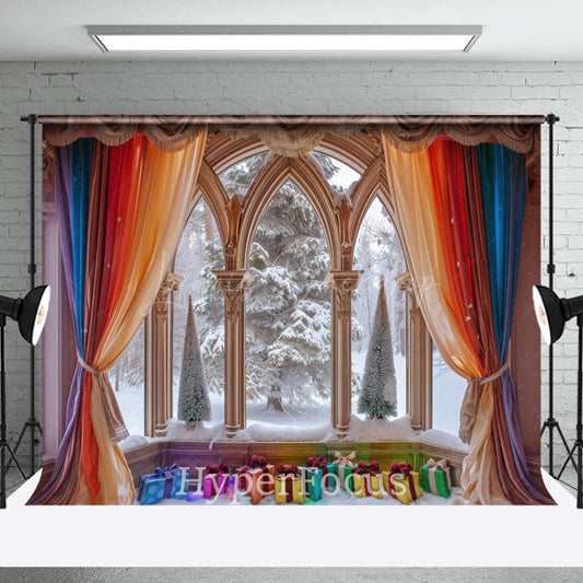 Lofaris Rainbow Curtain Window Snowy Scene Christmas Backdrop