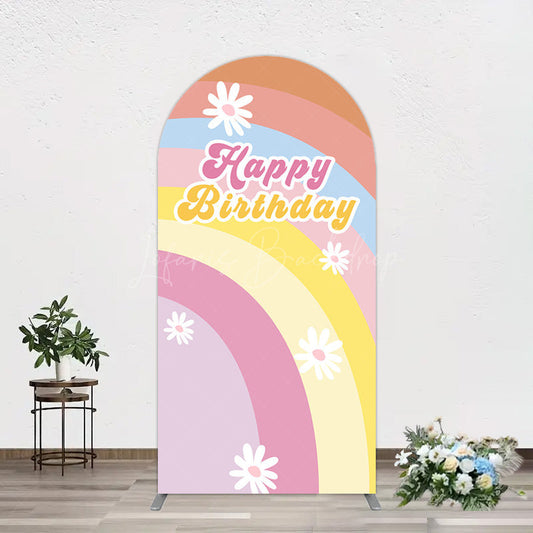 Lofaris Rainbow Floral Groovy Happy Birthday Arch Backdrop