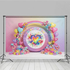 Lofaris Rainbow Heart Valentine Day Backdrop Colorful Balloon Arch Pastel Flowers Background Romantic Photography Prop