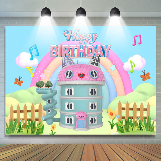 Lofaris Rainbow Pink Cat Doll House Happy Birthday Backdrop