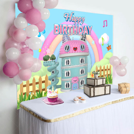 Lofaris Rainbow Pink Cat Doll House Happy Birthday Backdrop