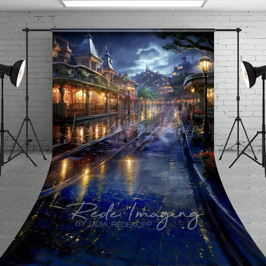 Lofaris Rainy Night Magical Kingdom Street Sweep Backdrop