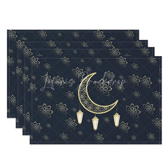 Lofaris Ramadan Kareem Golden Moon Set of 4 Placemats Eid Mubarak Lanterns and Floral Navy Blue Dining Table Mats