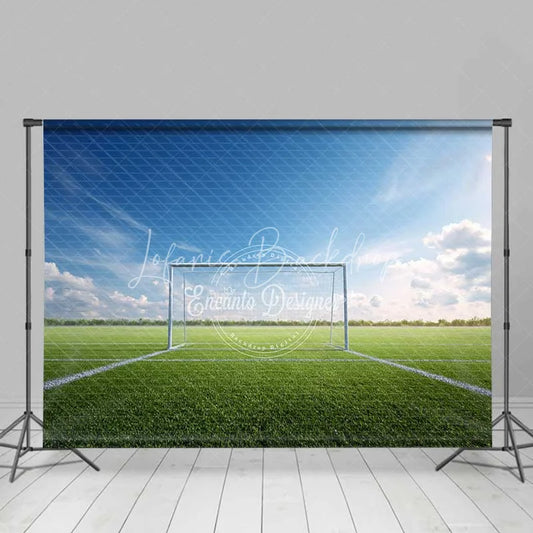 Lofaris Realistic Sports Soccer Field Goal Backdrop Green Grass Blue Sky Photography Background for Party