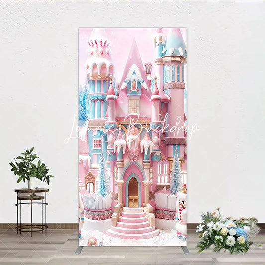 Lofaris Rectangle Arch Backdrop with Pink Blue Candy Castle Whimsical Winter Wonderland Holiday Party Decor