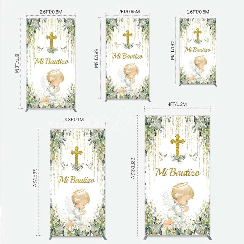 Lofaris Rectangle Backdrop Mi Bautizo Angel Gold Cross Cover Greenery Eucalyptus Baptism Chiara Wall Background Religious Decor