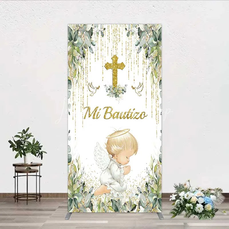 Lofaris Rectangle Backdrop Mi Bautizo Angel Gold Cross Cover Greenery Eucalyptus Baptism Chiara Wall Background Religious Decor