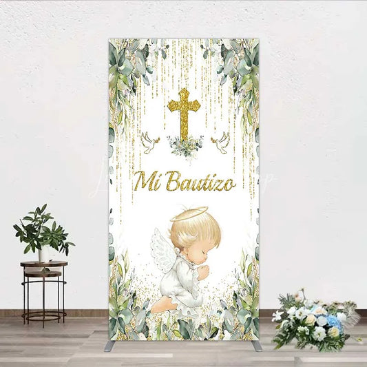 Lofaris Rectangle Backdrop Mi Bautizo Angel Gold Cross Cover Greenery Eucalyptus Baptism Chiara Wall Background Religious Decor