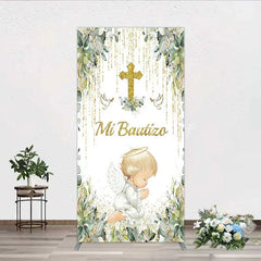 Lofaris Rectangle Backdrop Mi Bautizo Angel Gold Cross Cover Greenery Eucalyptus Baptism Chiara Wall Background Religious Decor