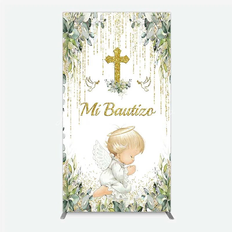 Lofaris Rectangle Backdrop Mi Bautizo Angel Gold Cross Cover Greenery Eucalyptus Baptism Chiara Wall Background Religious Decor