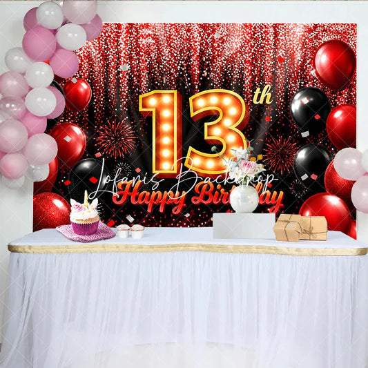 Lofaris Red and Black 13th Birthday Backdrop with Marquee Light Number Thirteen Glitter Balloon Party Decoration
