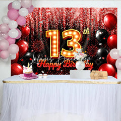 Lofaris Red and Black 13th Birthday Backdrop with Marquee Light Number Thirteen Glitter Balloon Party Decoration