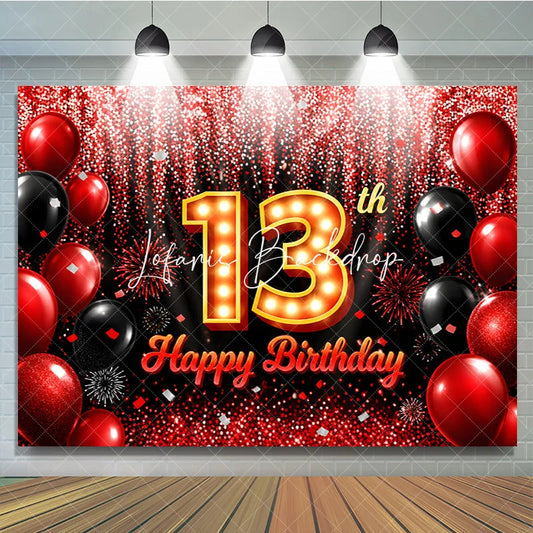 Lofaris Red and Black 13th Birthday Backdrop with Marquee Light Number Thirteen Glitter Balloon Party Decoration