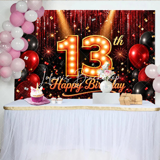 Lofaris Red and Black 13th Happy Birthday Backdrop Glitter Sequin Curtain with Balloons for Teenager Party Decor