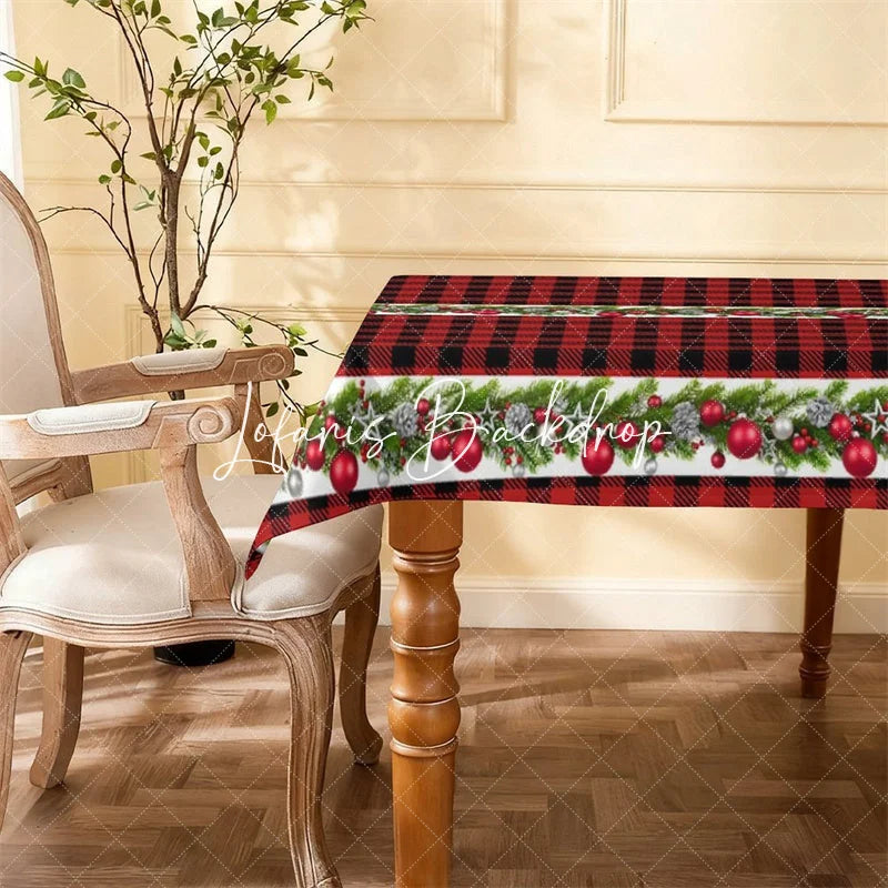 Lofaris Red and Black Buffalo Plaid Christmas Rectangle Tablecloth Festive Garland with Pine Berries Ornaments Decor