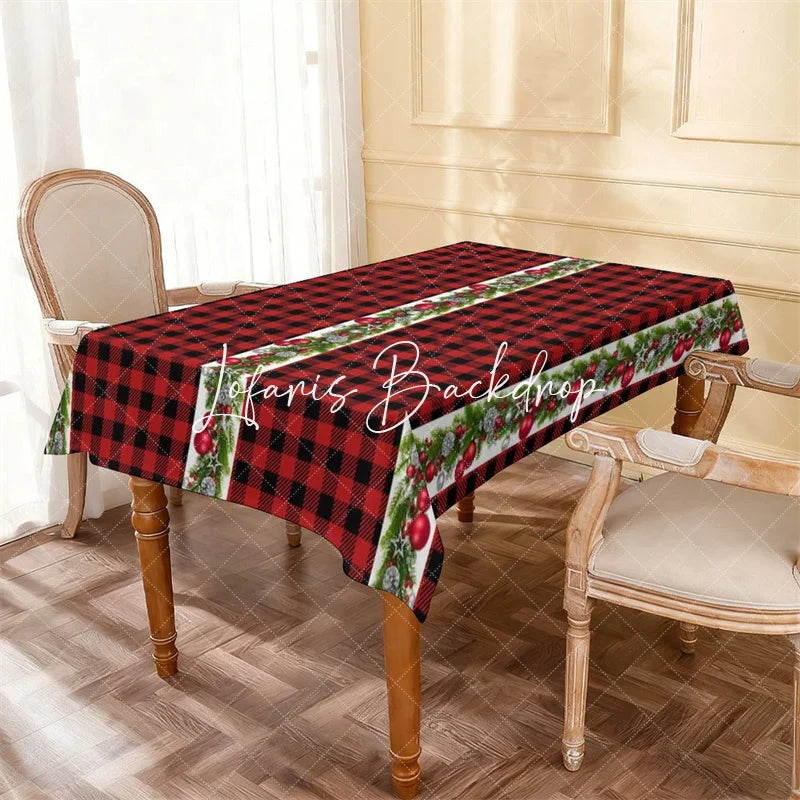 Lofaris Red and Black Buffalo Plaid Christmas Rectangle Tablecloth Festive Garland with Pine Berries Ornaments Decor