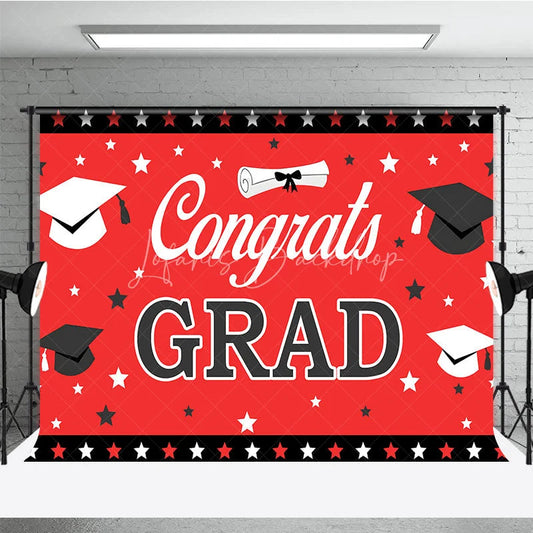 Lofaris Red and Black Congrats Grad Backdrop Graduation Caps Stars Party Decoration