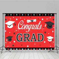 Lofaris Red and Black Congrats Grad Backdrop Graduation Caps Stars Party Decoration
