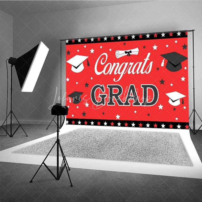 Lofaris Red and Black Congrats Grad Backdrop Graduation Caps Stars Party Decoration