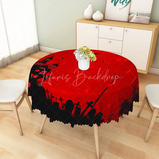 Lofaris Red and Black Halloween Round Tablecloth with Haunted Castle Tombstones for Gothic Party Decor