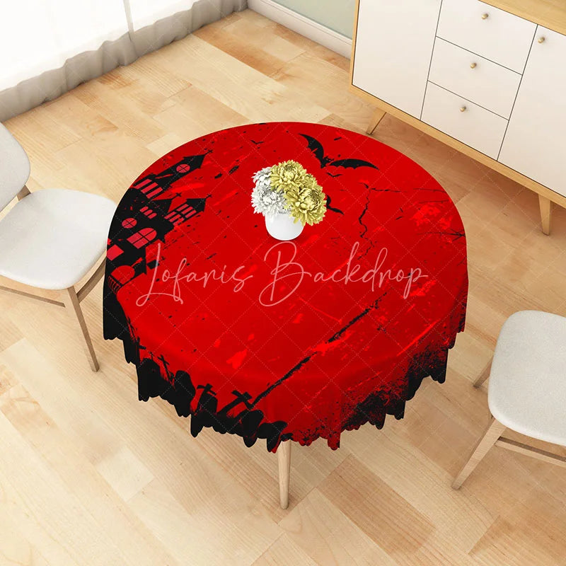 Lofaris Red and Black Halloween Round Tablecloth with Haunted Castle Tombstones for Gothic Party Decor