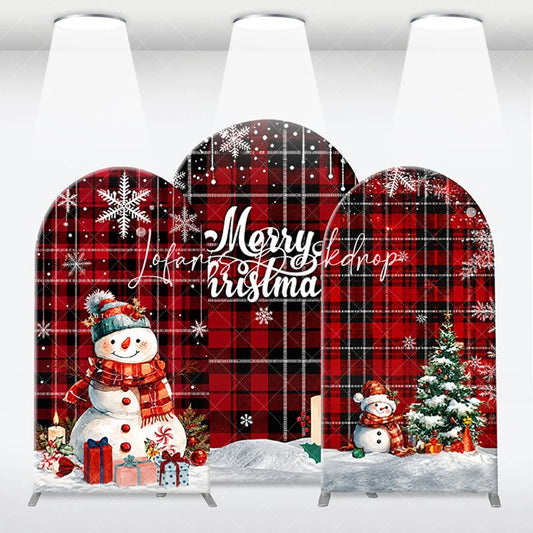 Lofaris Red and Black Plaid Merry Christmas Snowman Tree Arch Backdrop Kit Festive Winter Holiday Decor
