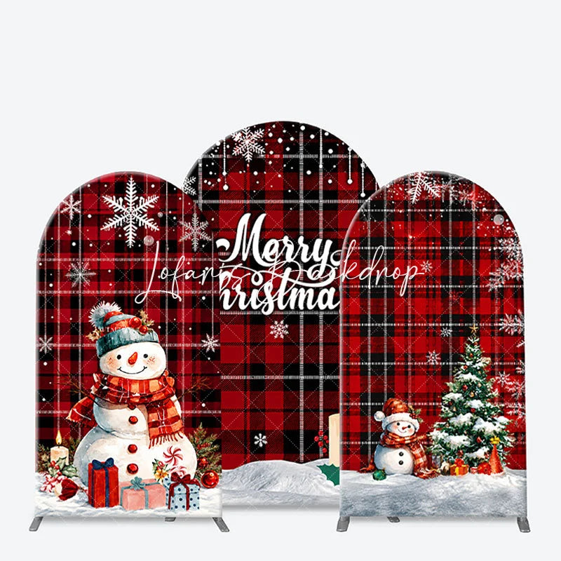 Lofaris Red and Black Plaid Merry Christmas Snowman Tree Arch Backdrop Kit Festive Winter Holiday Decor