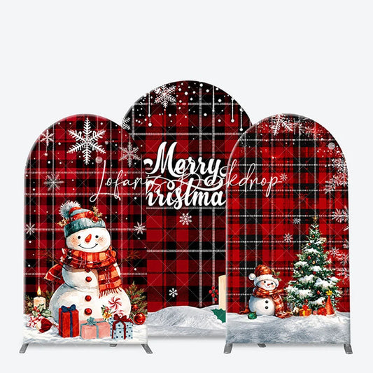 Lofaris Red and Black Plaid Merry Christmas Snowman Tree Arch Backdrop Kit Festive Winter Holiday Decor