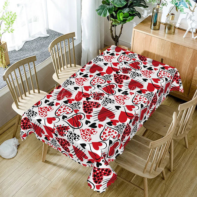 Lofaris Red and Black Sketch Heart Rectangle Tablecloth Abstract Doodle Love Pattern on White Modern Valentine Kitchen Decor