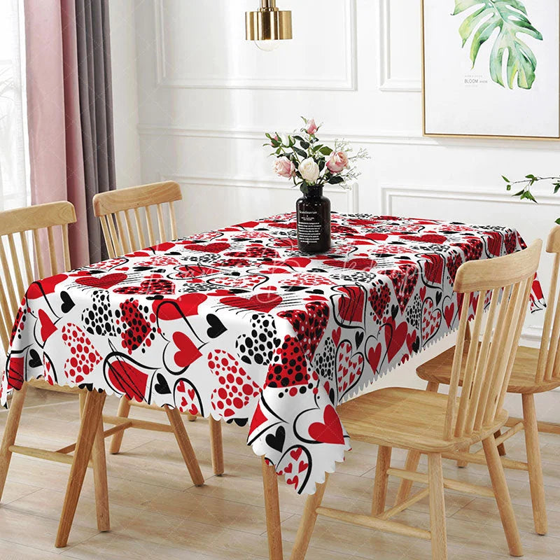 Lofaris Red and Black Sketch Heart Rectangle Tablecloth Abstract Doodle Love Pattern on White Modern Valentine Kitchen Decor