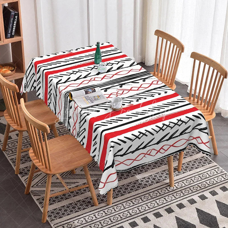 Lofaris Red and Black Tribal Rectangle Tablecloth Abstract Boho Line Art Modern Geometric Dining Room Kitchen Decor