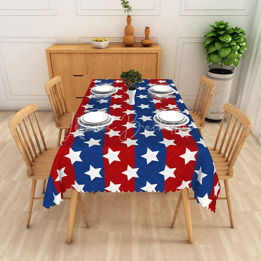 Lofaris Red and Blue Star Pattern Rectangle Tablecloth with Scalloped Edge Patriotic 4th of July Independence Day Decor