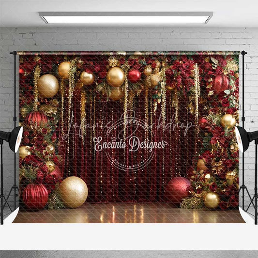 Lofaris Red and Gold Christmas Backdrop Glamour Floral Tinsel Curtain Photography Background