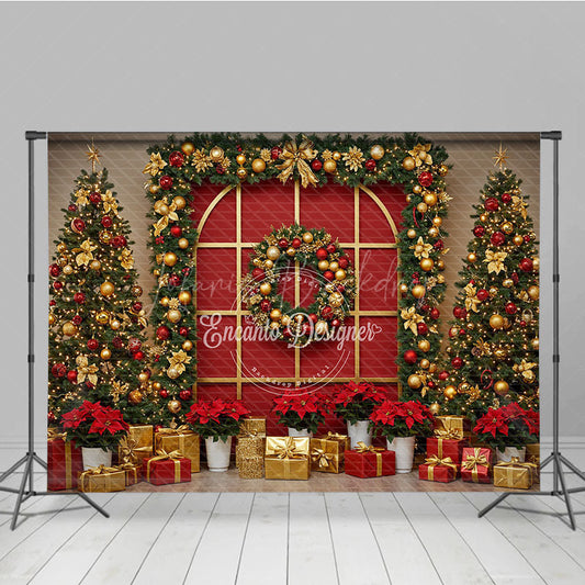 Lofaris Red and Gold Christmas Photography Backdrop Elegant Arched Window with Garland Holiday Photo Background