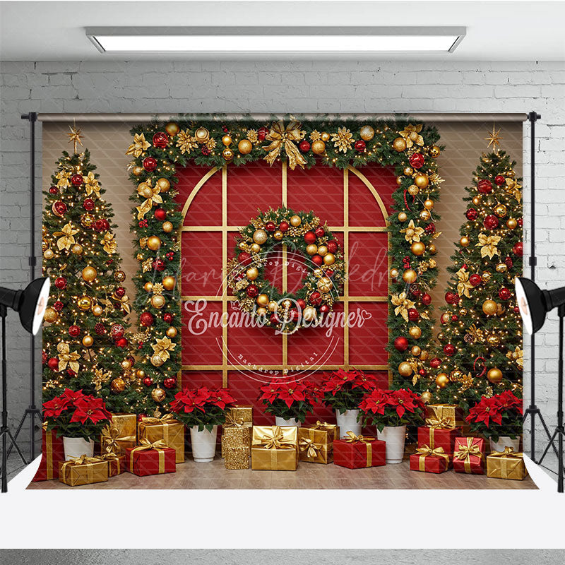 Lofaris Red and Gold Christmas Photography Backdrop Elegant Arched Window with Garland Holiday Photo Background