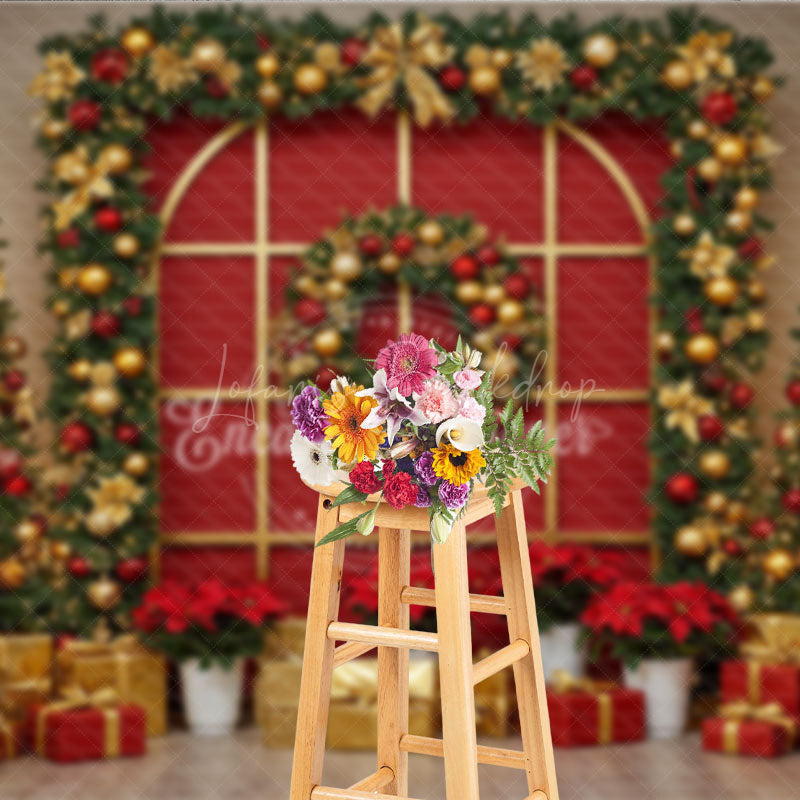 Lofaris Red and Gold Christmas Photography Backdrop Elegant Arched Window with Garland Holiday Photo Background