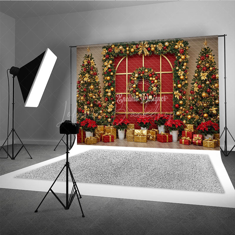 Lofaris Red and Gold Christmas Photography Backdrop Elegant Arched Window with Garland Holiday Photo Background