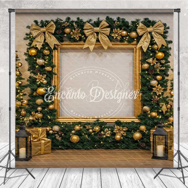 Lofaris Red and Gold Christmas Room Set Backdrop Elegant Holiday Wreath Decorated Xmas Trees Photo Props