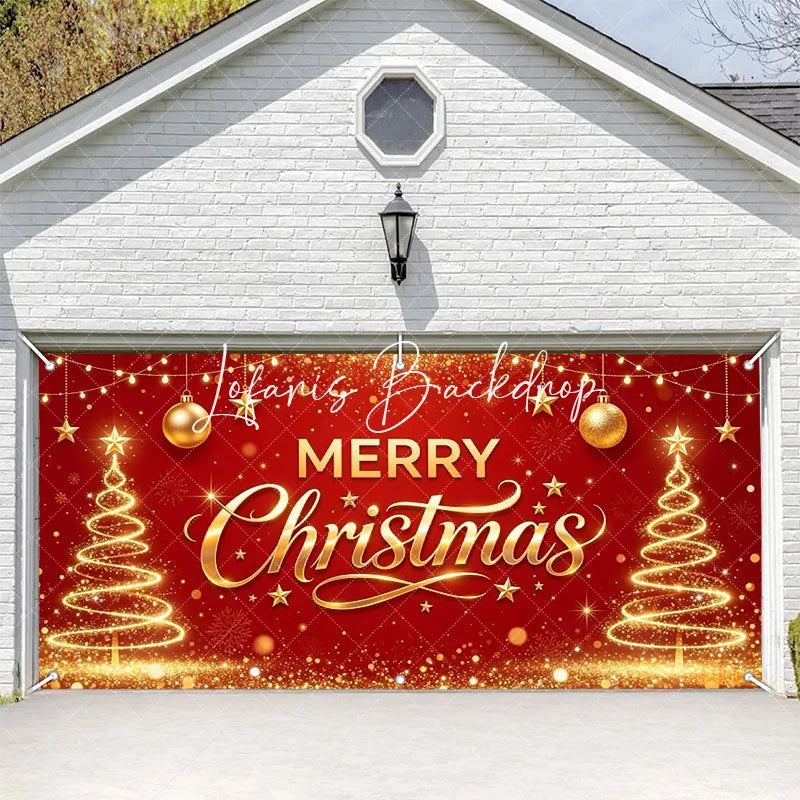 Lofaris Red and Gold Merry Christmas Glitter Garage Door Banner Festive Holiday Decor with Stars Ornaments